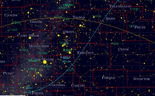 The path of comet Lovejoy through the night-time sky from December to February. It is currently moving from the constellation Eridanus into the constellation Taurus and is best seen from the Northern Hemisphere.