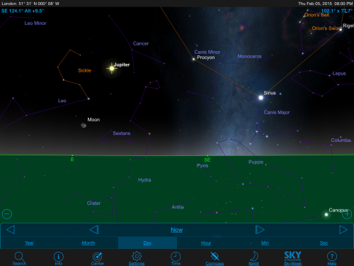 This is a screen capture from an app I use on my iPad called "Skysafari" which can show what is in the sky at any location and at any time and date. There are lots of other similar apps available, but I like this one the most of the ones I've tried. This is the screen capture looking south for 20:00 on Tuesday the 2nd of February 2015 as seen from London