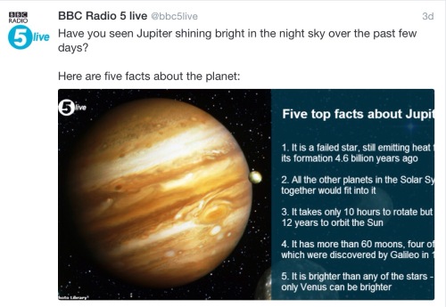 The tweet from BBC Radio 5 with the five most interesting facts about Jupiter.