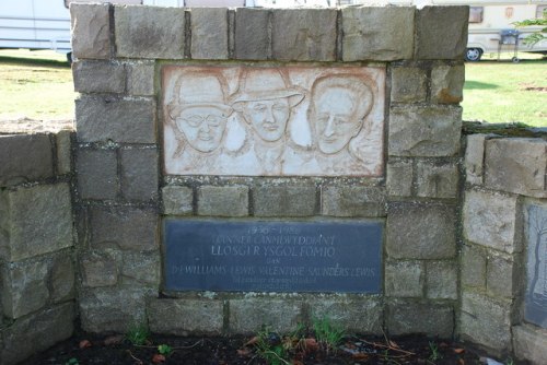 A plaque at the site of the arson  of the bombing school in Penyberth.