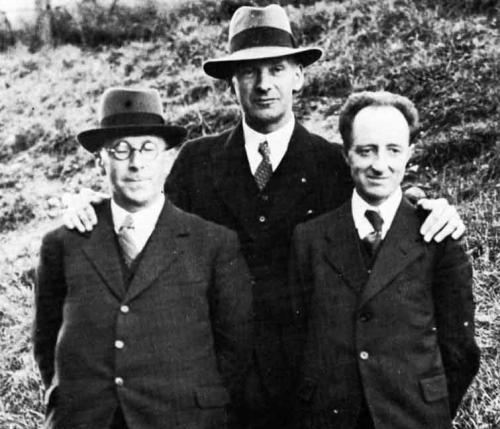 DJ Williams (left), Lewis Valentine (centre) and Saunders Lewis (right); taken in 1936, the year they set fire to the bombing school. In Welsh, they are often known as "y tri" (the three).